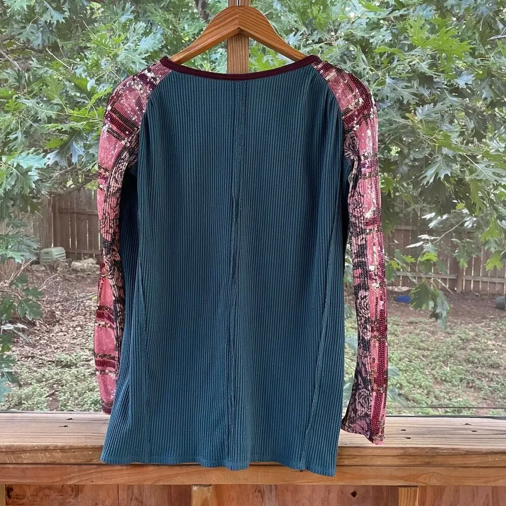 Free People Women's Green Thermal Sequin Sleeve Long Sleeve Top Size XS
